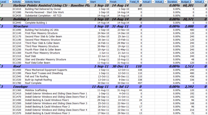 Primavera exported to Excel
